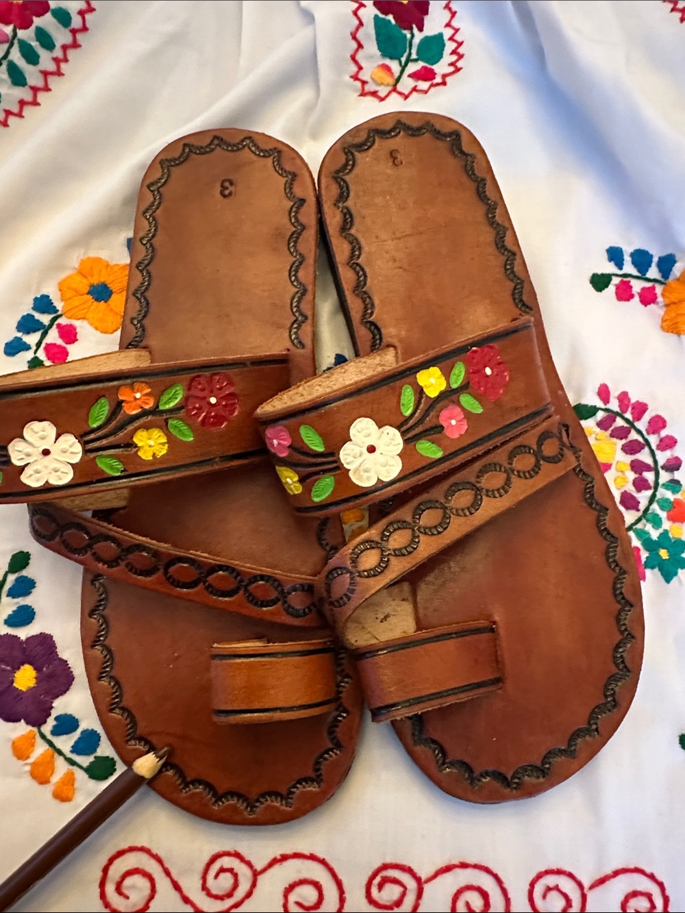 SIZE 6US Hand-Painted Floral Leather Sandals - Brown with Multicolor Flowers